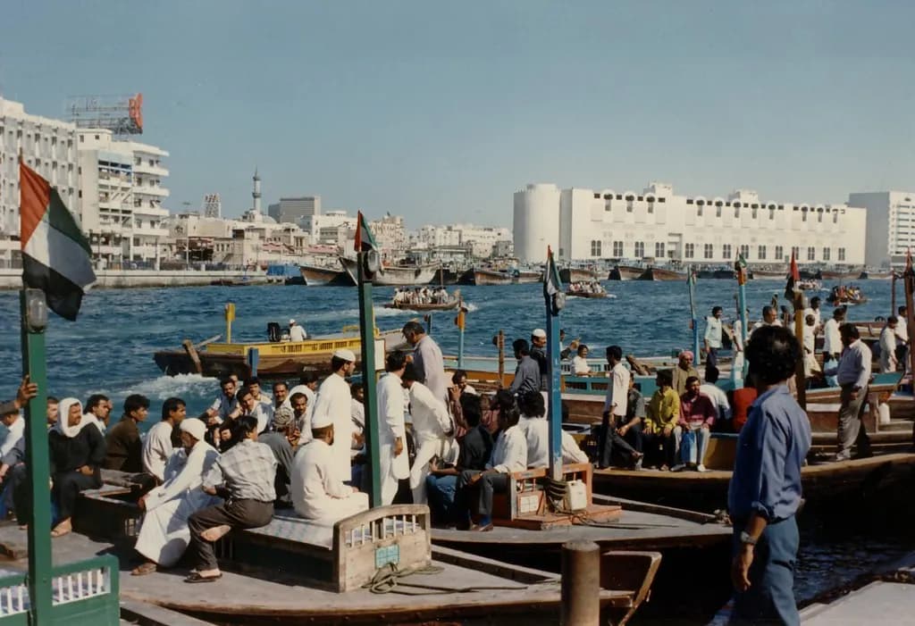 Wooden abra water taxis moored on Dubai Creek