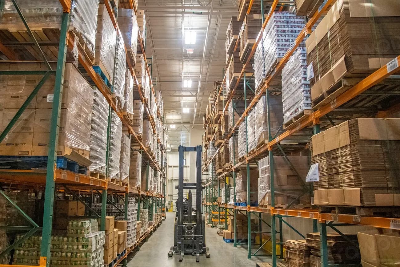 Cardboard boxes stacked on tall pallet racking in a warehouse aisle with a forklift at the far end