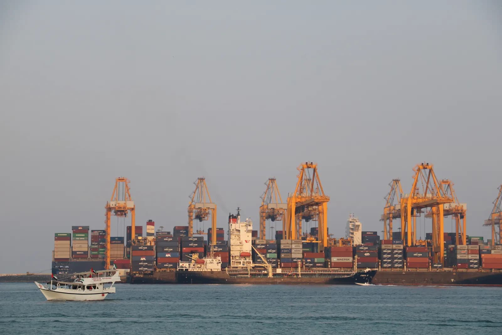 A cargo vessel anchored off Fujairah Port on the Gulf of Oman