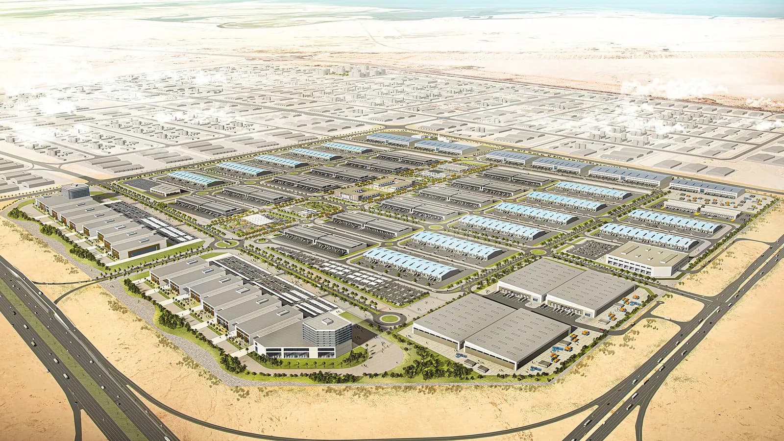 Architectural rendering of the Abu Dhabi Food Hub, a grid of warehouses and cold stores in the desert inside KEZAD
