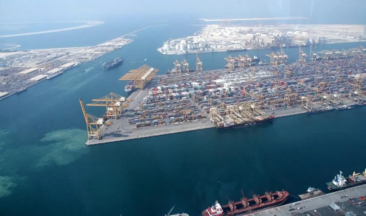 Aerial view of container terminals and cranes at Jebel Ali Port