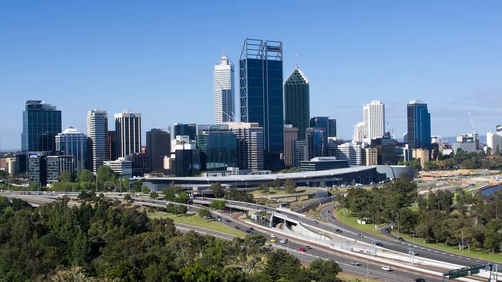 Perth city skyline and the Mitchell Freeway seen from Kings Park