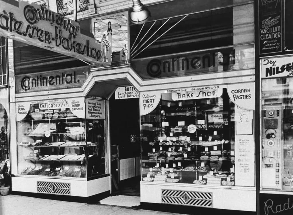 Historic photograph of a continental delicatessen and bakery shopfront on King William Street, Adelaide