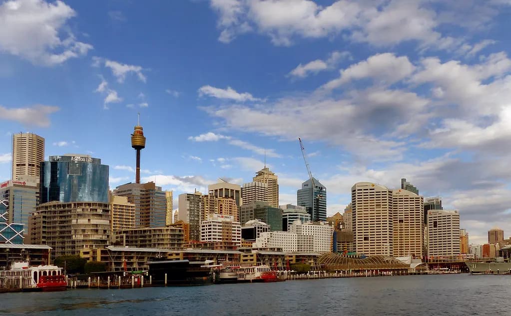 Sydney city skyline seen across the water at Darling Harbour