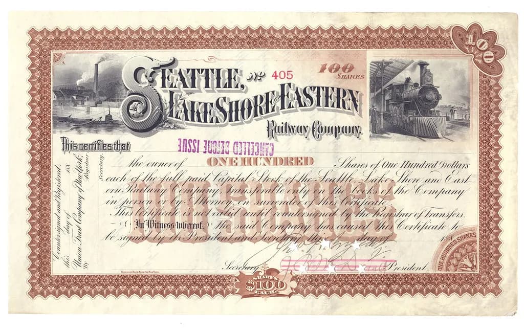 Historic engraved share certificate issued to a shareholder by a railway company