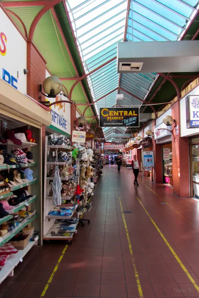 Arcade of small shops selling giftware, hats and souvenirs at Central Market in Adelaide
