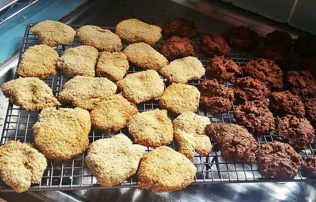Home-baked coconut and ginger nut biscuits cooling on a wire rack on a stainless steel bench