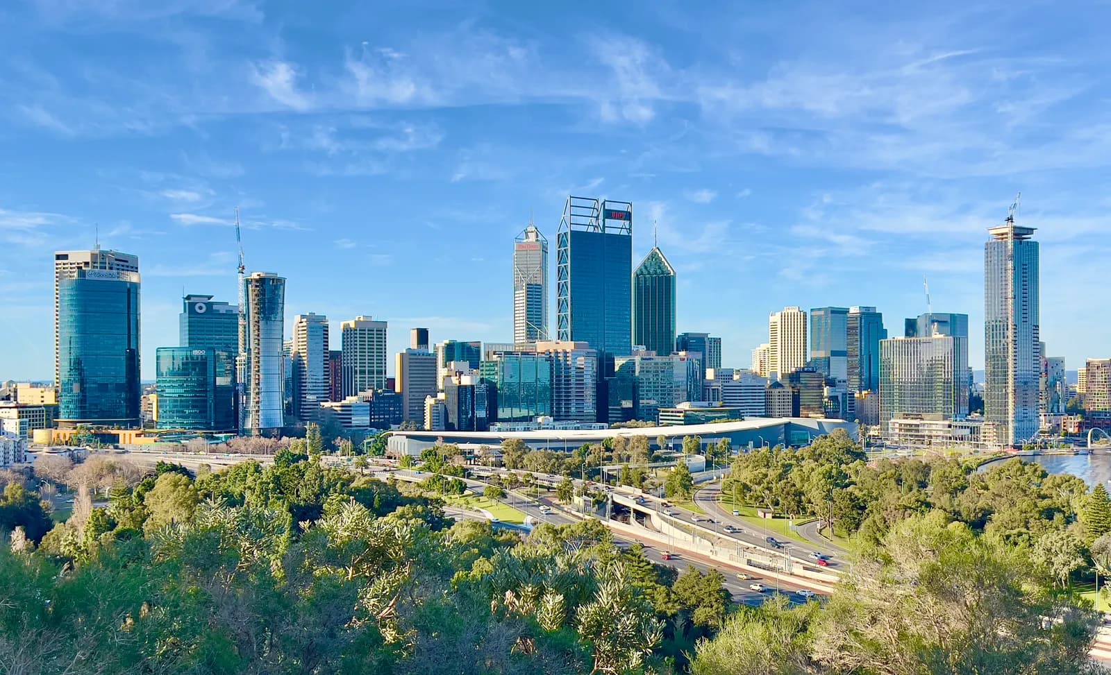 Perth CBD skyline seen from the State War Memorial lookout in Kings Park