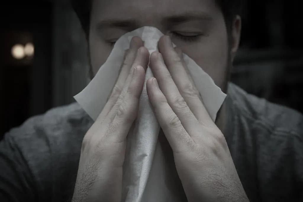 A man with a cold blowing his nose into a tissue