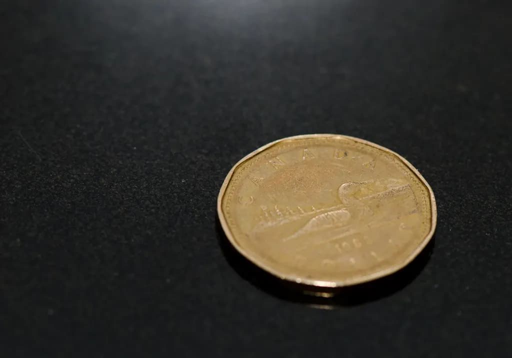 A pile of Canadian coins including loonies, toonies and quarters