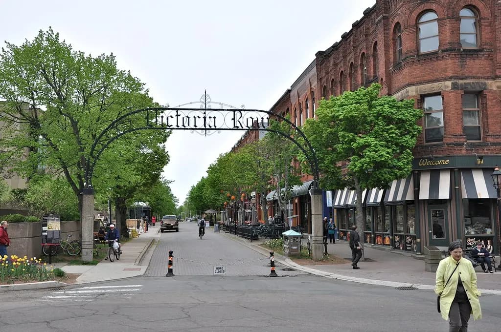 Victoria Row in Charlottetown, Prince Edward Island, a pedestrian street of brick shops and restaurant patios