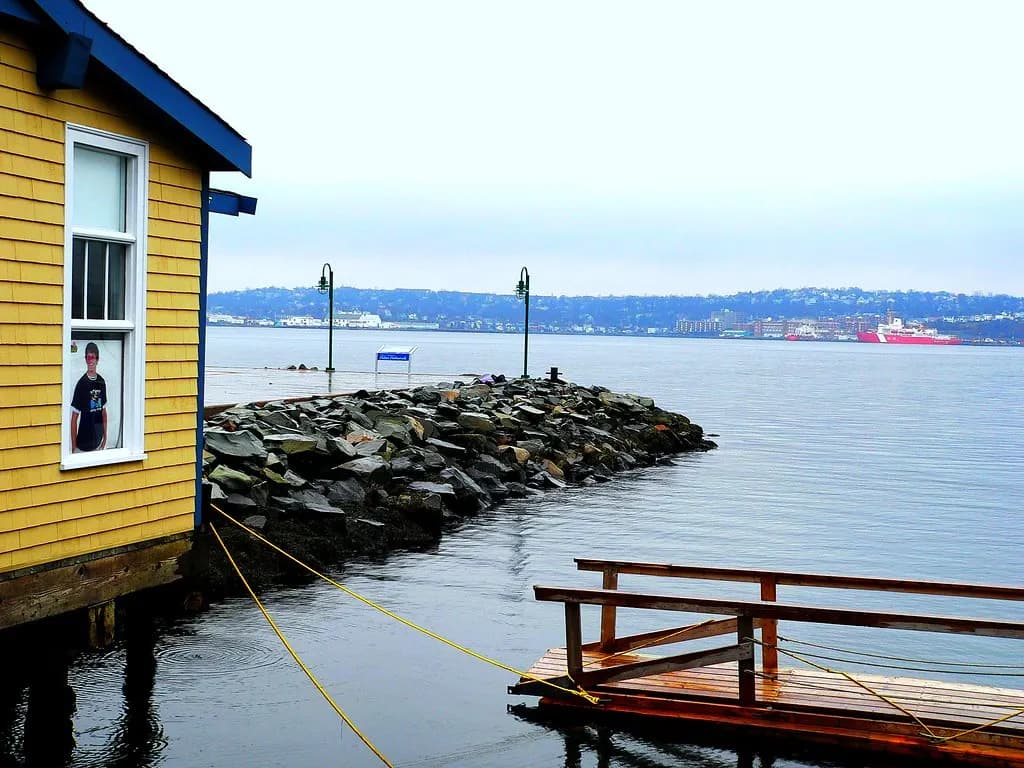 Halifax harbour seen from a wooden wharf on the Halifax waterfront, Nova Scotia