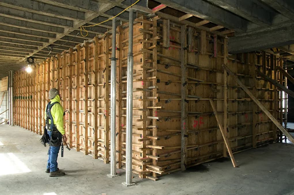 A construction worker in a hard hat inspecting tall wooden concrete formwork on a building site