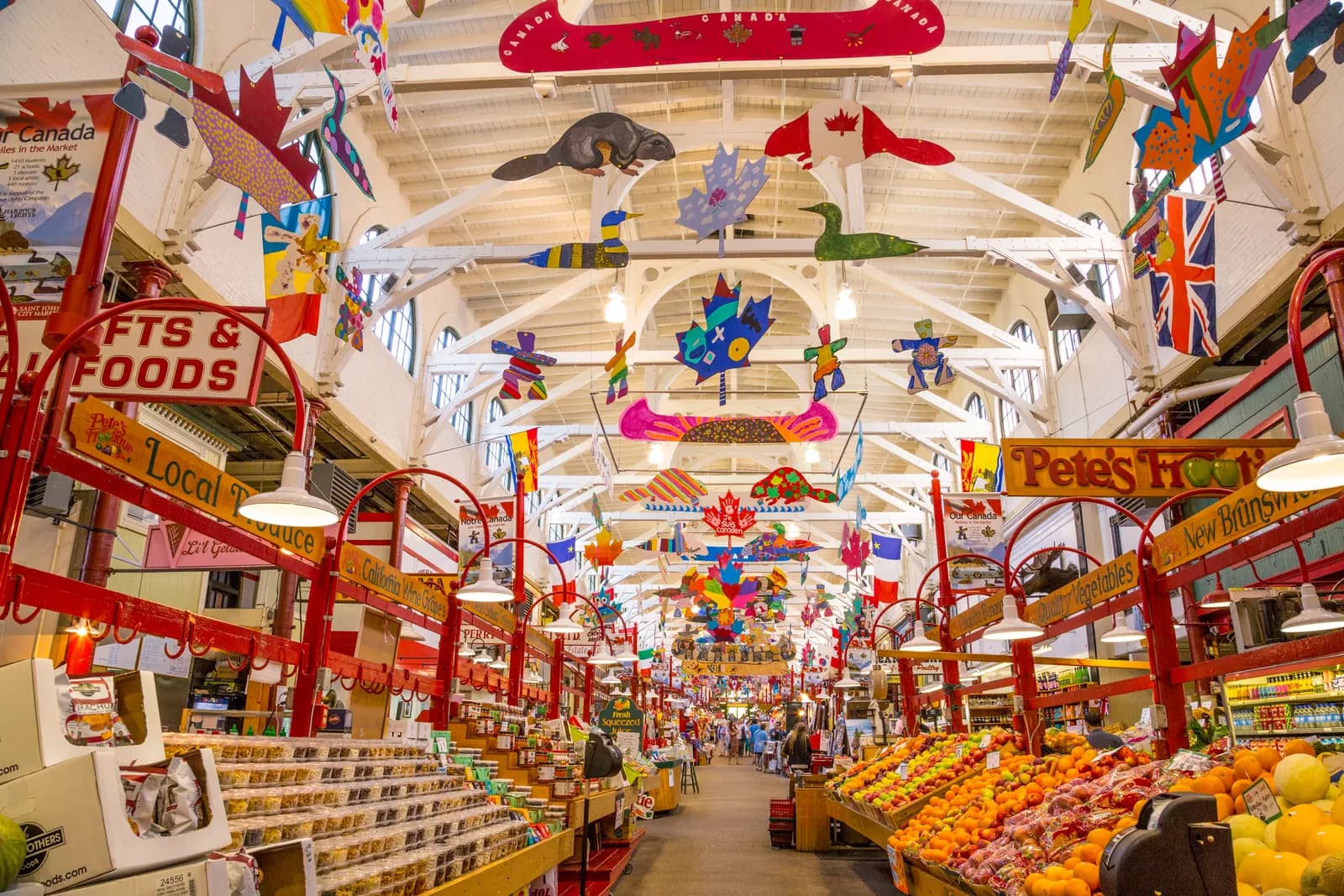 Produce stalls under the timber roof of the Saint John City Market, New Brunswick