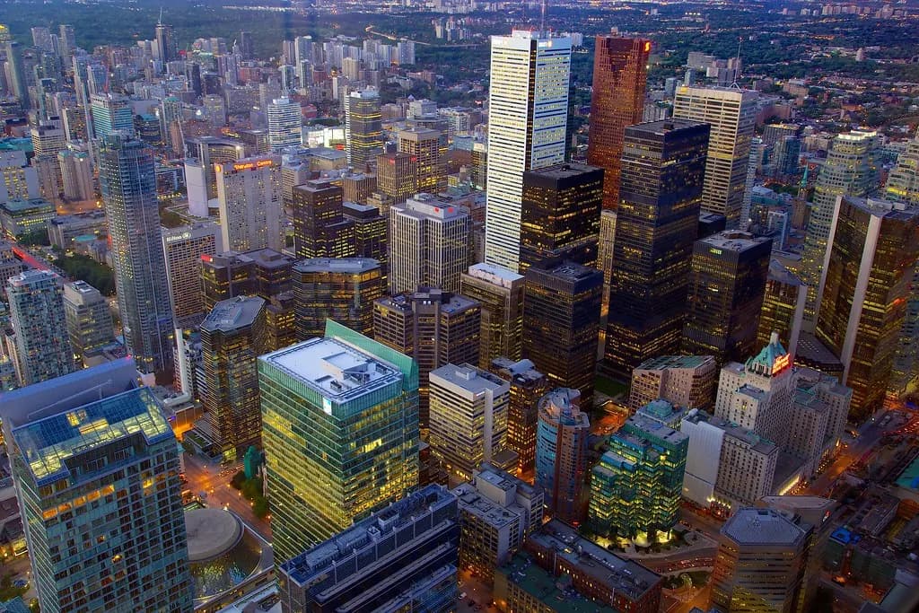 Aerial view of Toronto's Financial District office towers at dusk, seen from the CN Tower