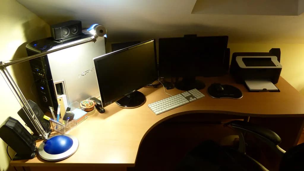 Home office desk with two monitors, keyboard and printer
