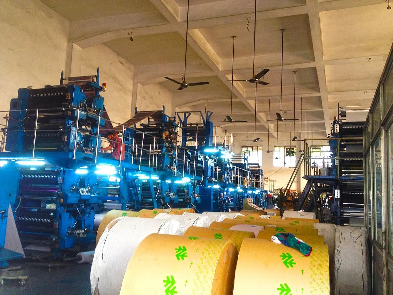Rows of blue web-offset printing units with paper reels in the foreground at a press hall in Bhubaneswar, Odisha