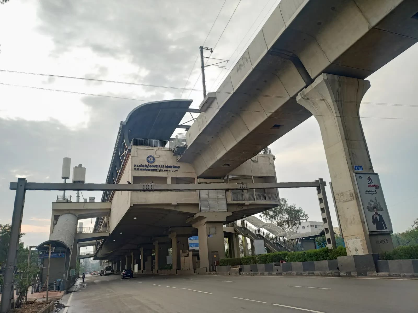 Balanagar Metro Station on the elevated Red Line of the Hyderabad Metro, seen from the road below