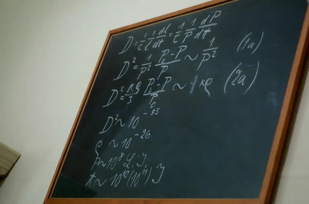 A wall-mounted blackboard filled with handwritten physics equations in chalk