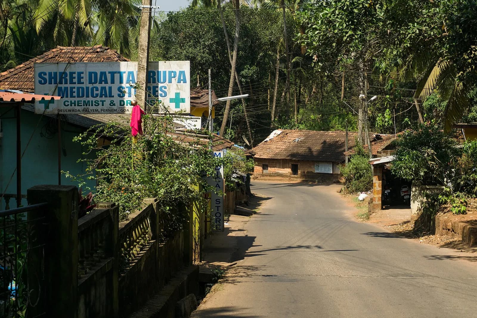 A small chemist and druggist shop with a green-cross signboard on a village road in Paliem, North Goa