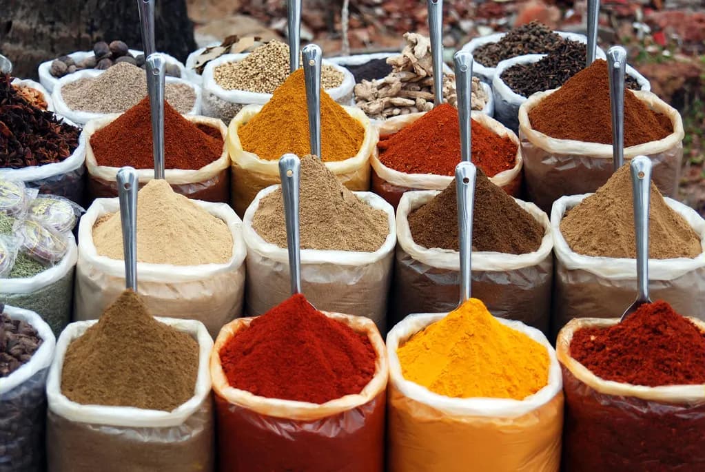Open sacks of turmeric, chilli and other ground spices with metal scoops at an Indian market stall
