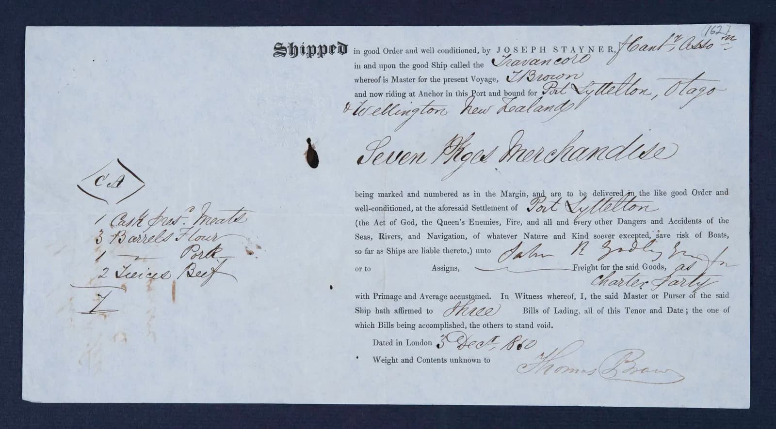 A handwritten 1850s bill of lading listing stores shipped aboard the Travancore