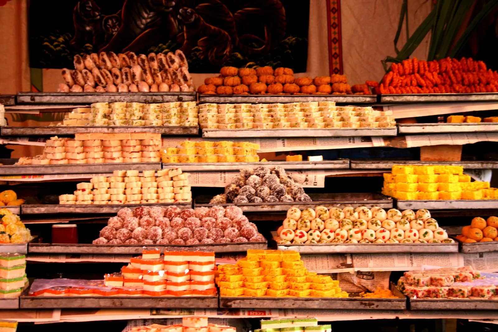 A sweet shop counter in Rajasthan with trays of Indian mithai on display