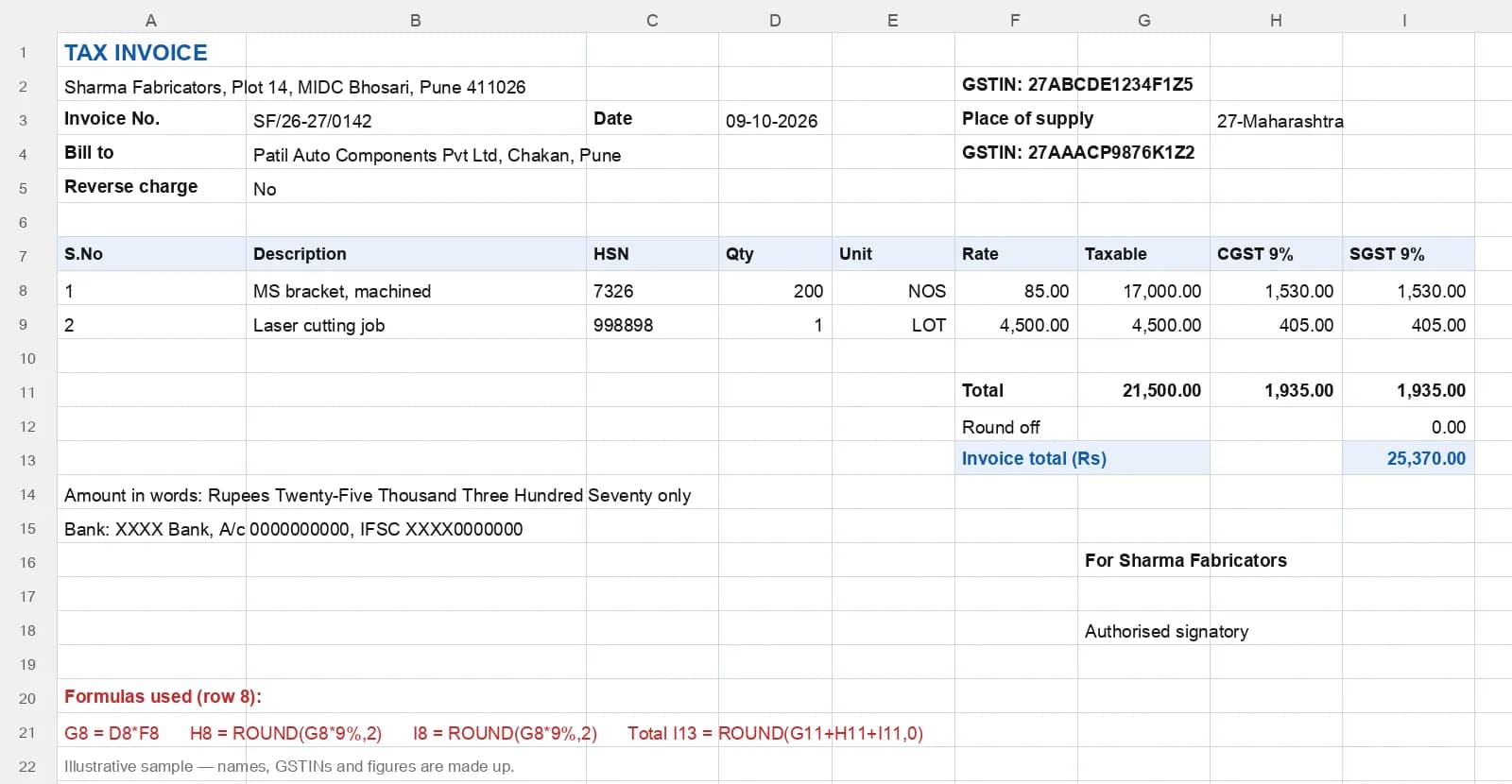 Sample GST tax invoice laid out in a spreadsheet with supplier and buyer GSTIN, invoice number, HSN, taxable value, CGST and SGST columns and the formulas used