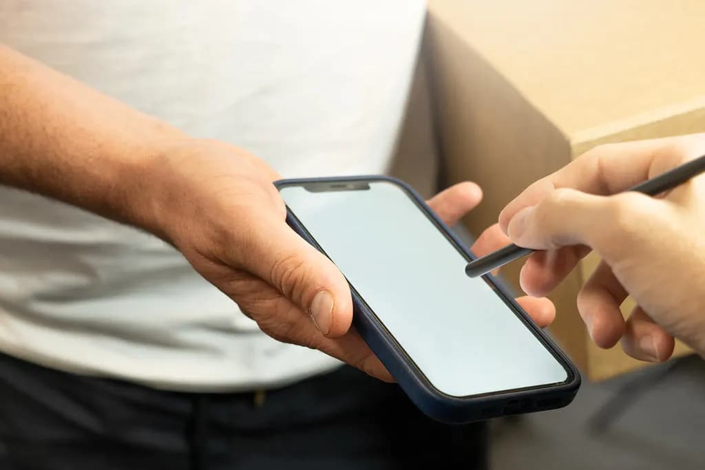 A courier holding out a phone for a customer to sign with a stylus on delivery of a parcel