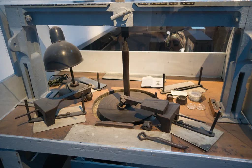A traditional diamond polishing bench with a scaife wheel, dop arms and clamps laid out on a work table