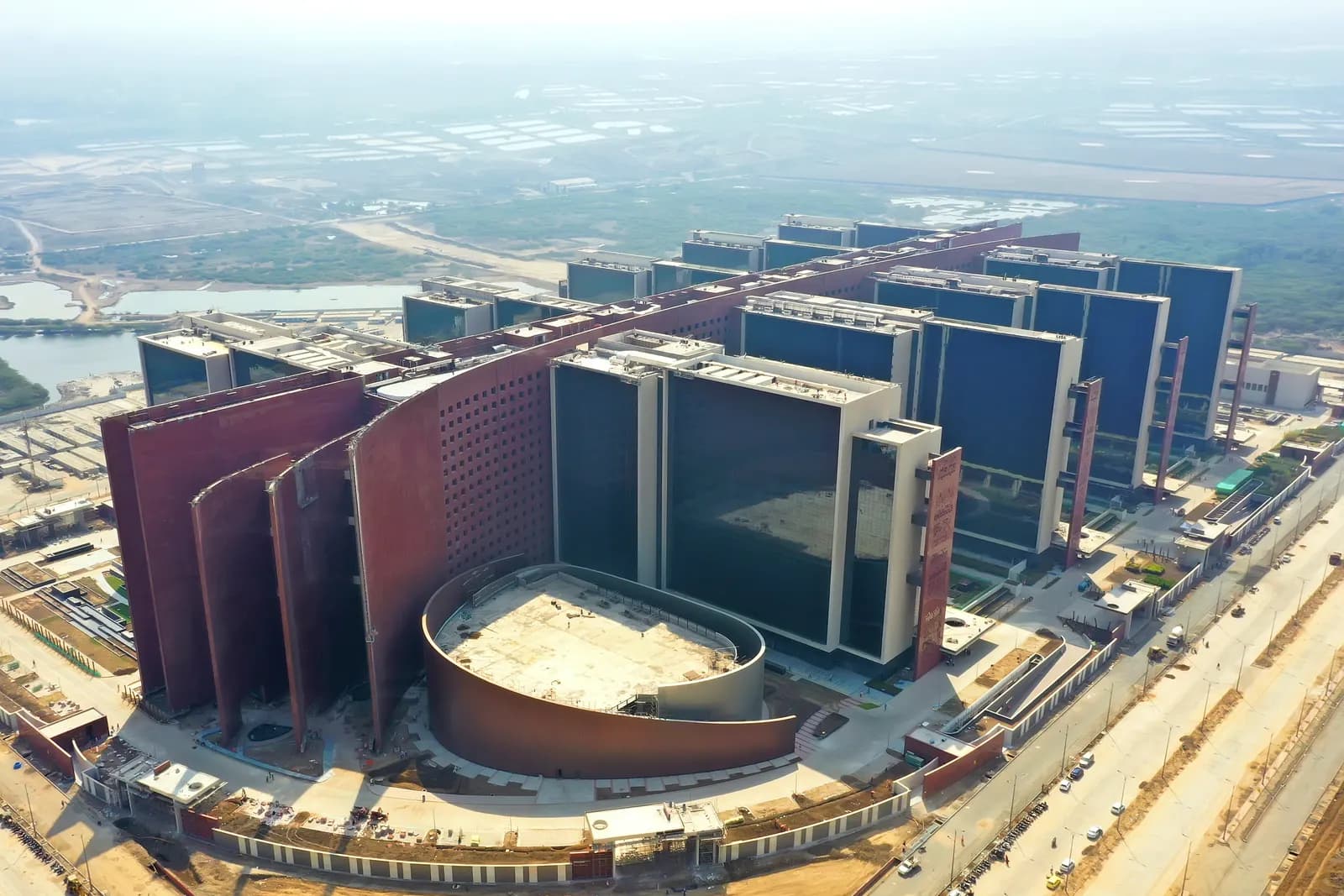Aerial view of the Surat Diamond Bourse office complex in Gujarat with its interconnected towers
