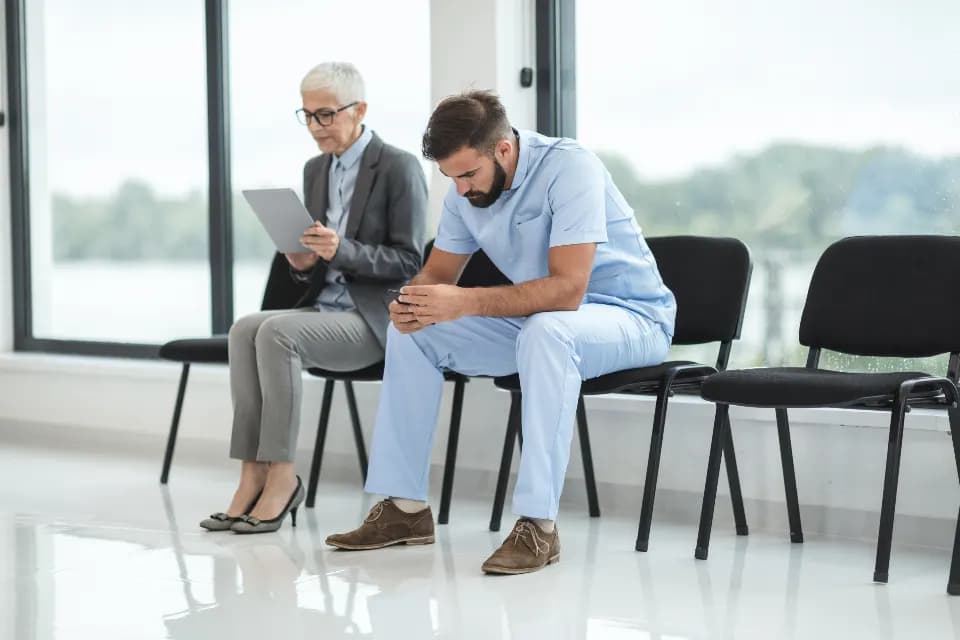 An older woman reading a tablet and a man in hospital scrubs seated in a bright hospital waiting area