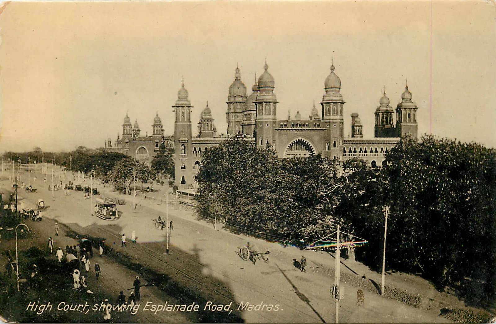 The red-brick Indo-Saracenic domes and towers of the Madras High Court building in Chennai