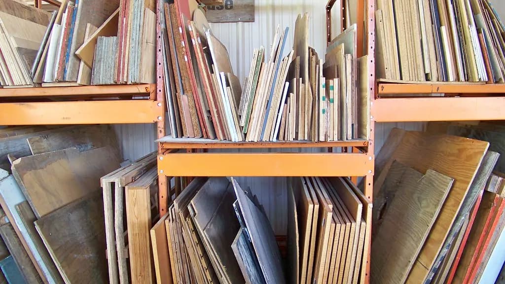 Sheets of plywood and boards of different thicknesses stored upright on orange steel racks