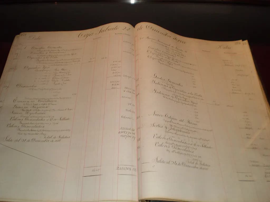 An old bound ledger open on a table with handwritten debit and credit columns