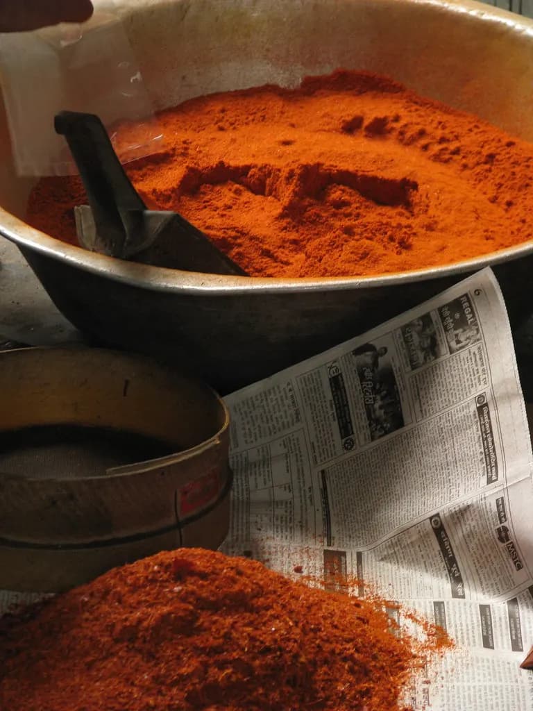 A metal tub of red chilli powder with a scoop and a sieve at a spice shop in Kolkata's New Market