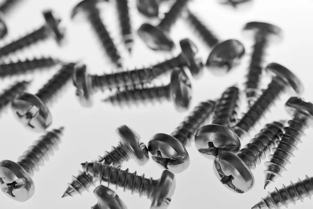 Loose steel wood screws scattered on a white surface