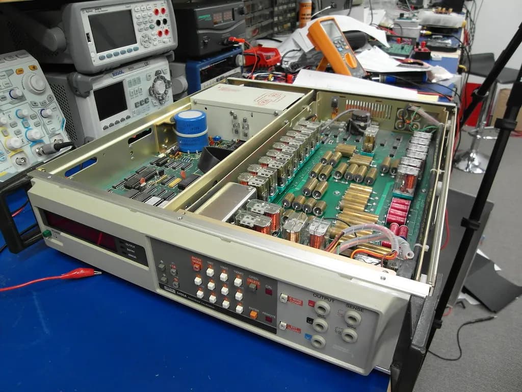 A precision voltage calibrator opened up on a lab bench, with bench digital multimeters and a handheld meter behind it