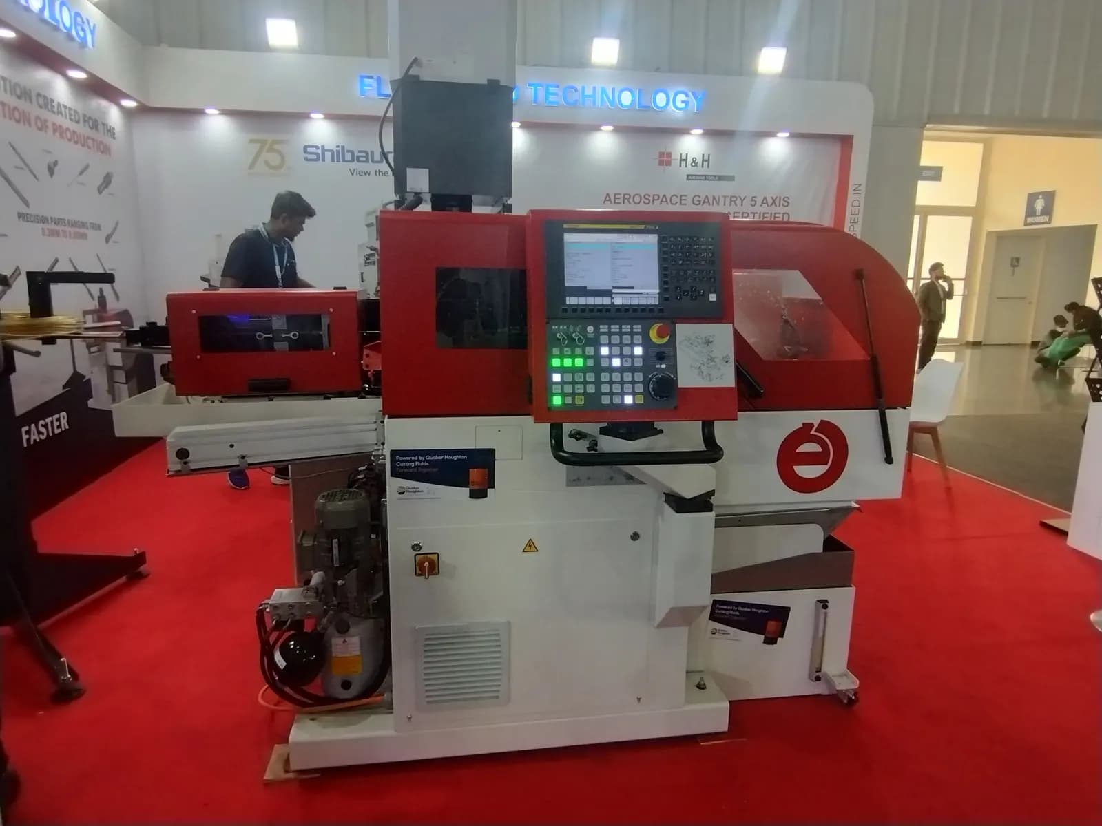 A CNC machine with its control panel on show at the IMTEX 2025 machine tool exhibition, Bengaluru