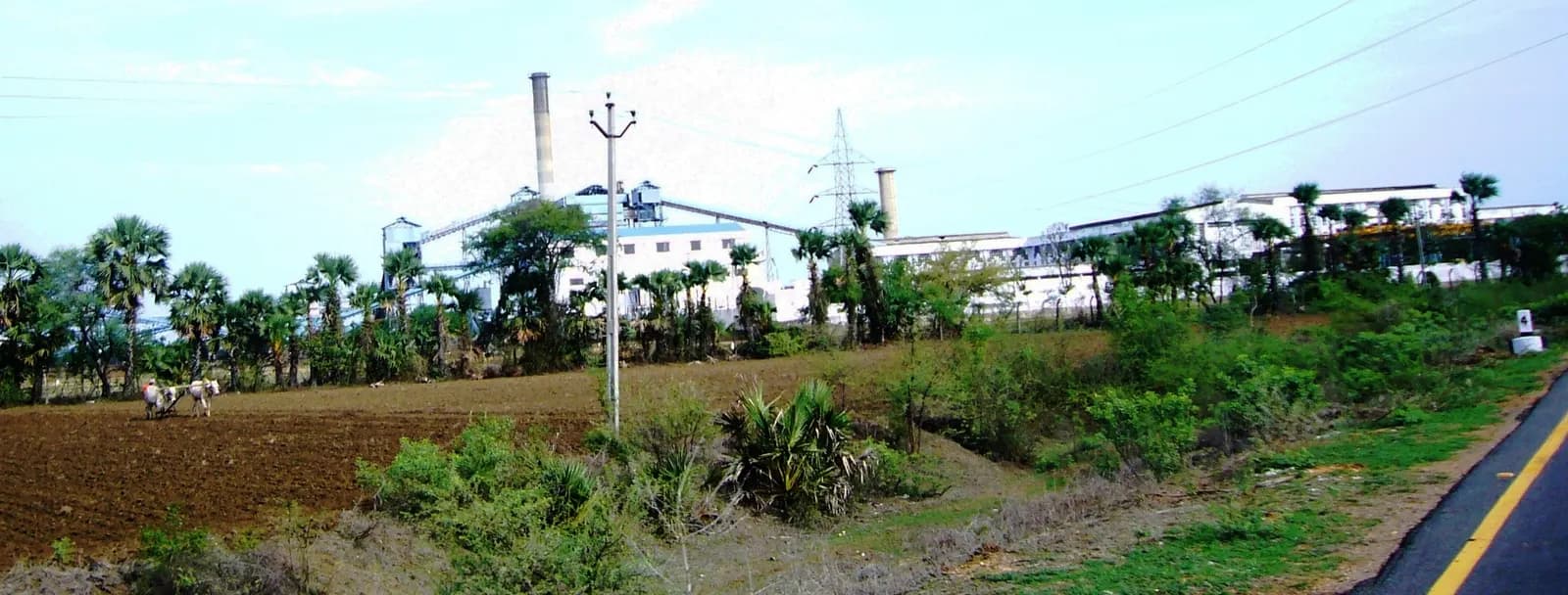 A sugar factory with a tall chimney beside farmland at Kalluru in Telangana