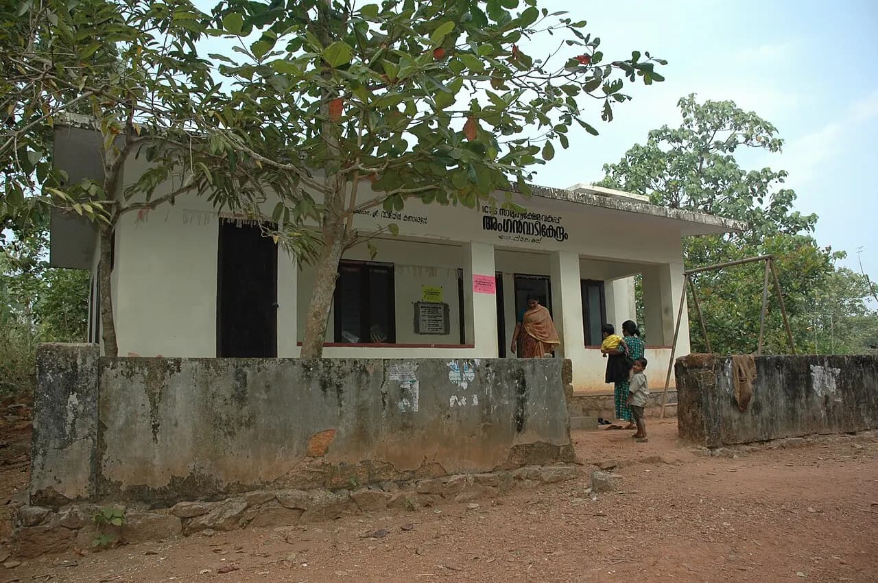 A small single-storey anganwadi childcare centre in Cheruvannur, Kozhikode district, Kerala