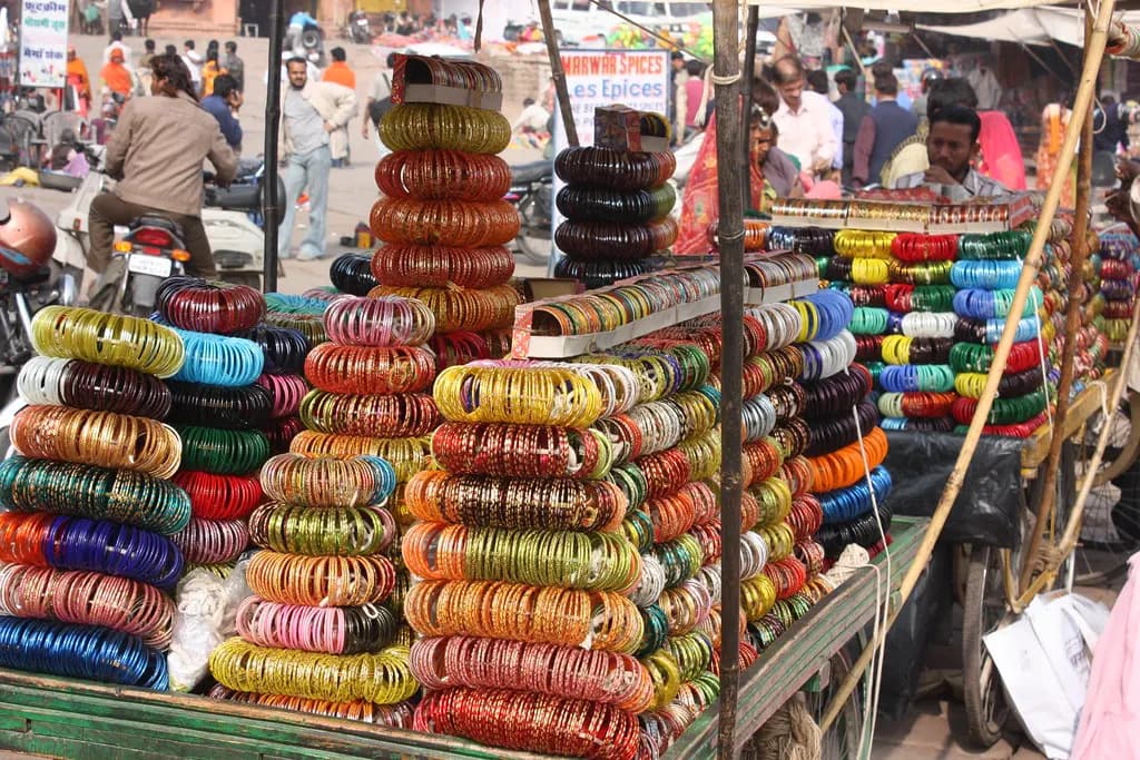 A market stall stacked with colourful bangles in Jodhpur, Rajasthan