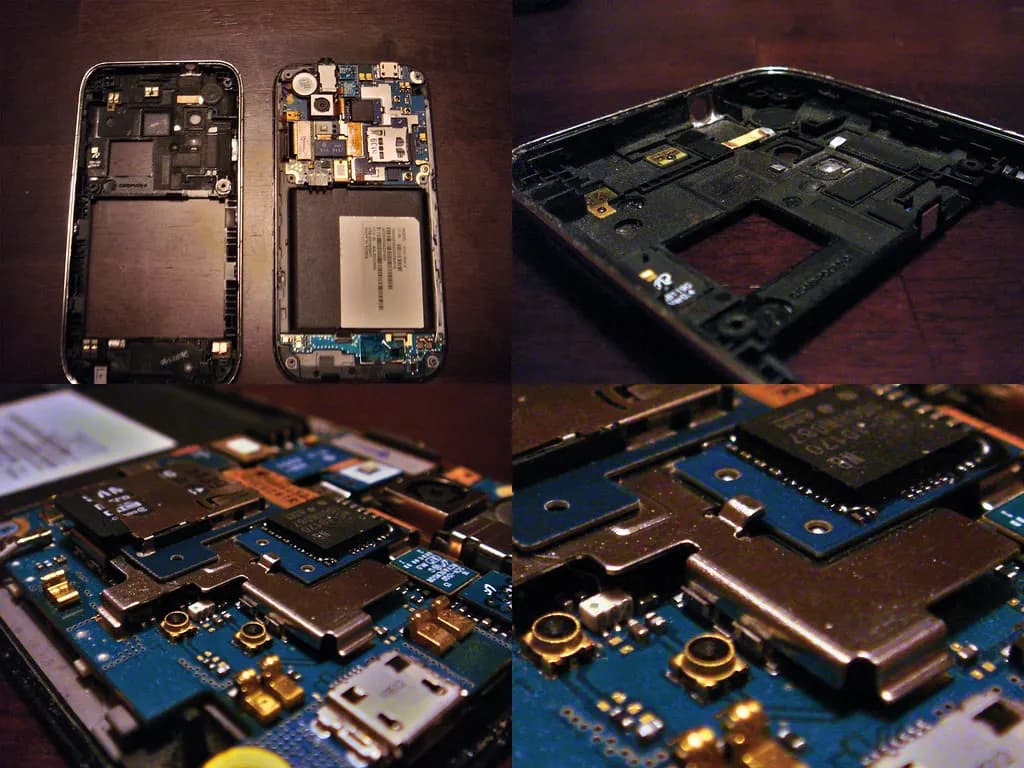 A smartphone opened up: the frame, battery and logic board with its shielded chips, camera module and charging port