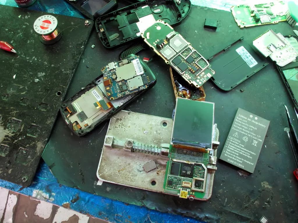 A repair bench covered with opened handsets, logic boards, a display module, a loose battery and a reel of solder