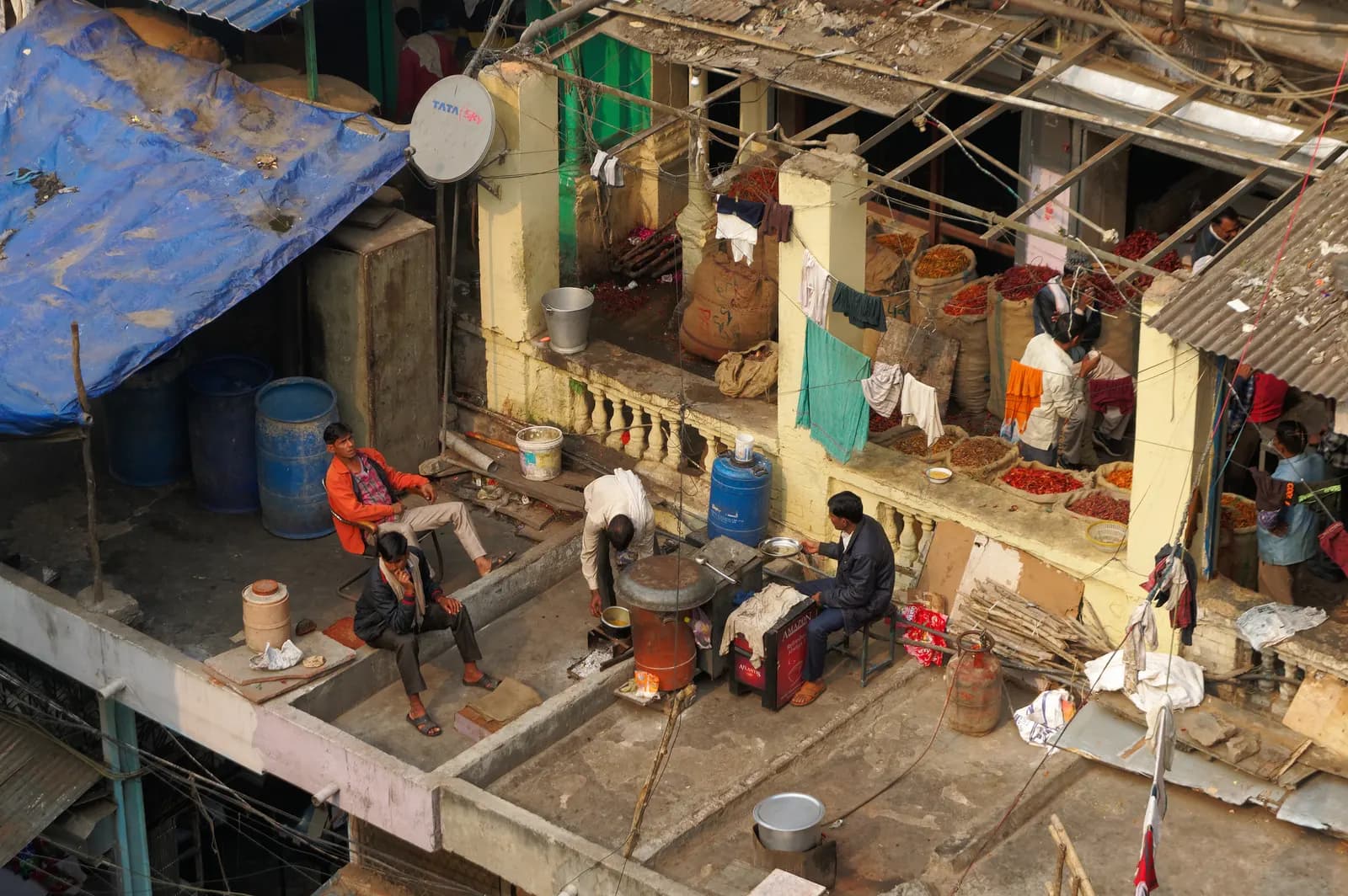Rooftop view of the crowded shops at the spice market in Old Delhi