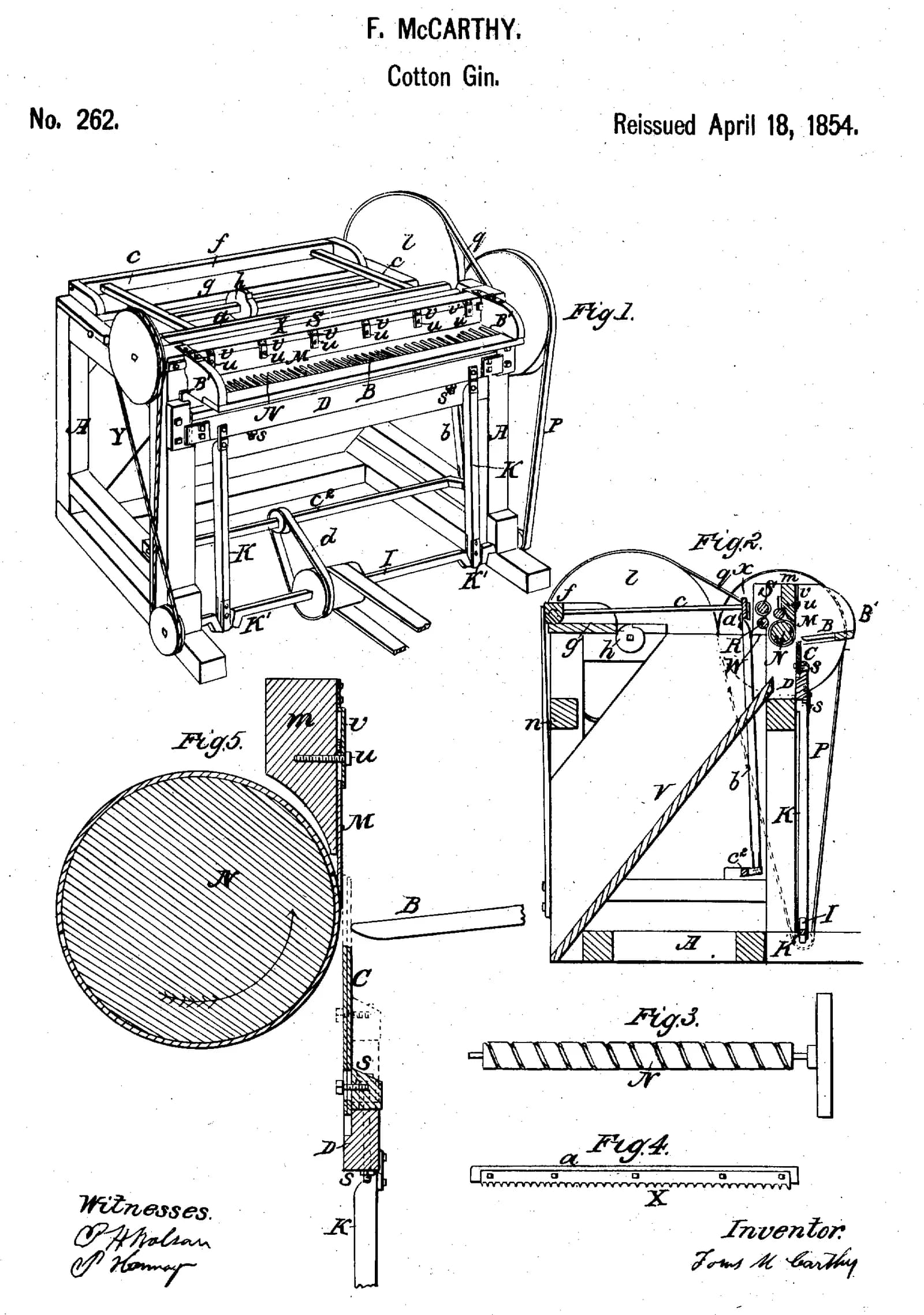 A 19th-century patent drawing showing the parts of an improved roller cotton gin