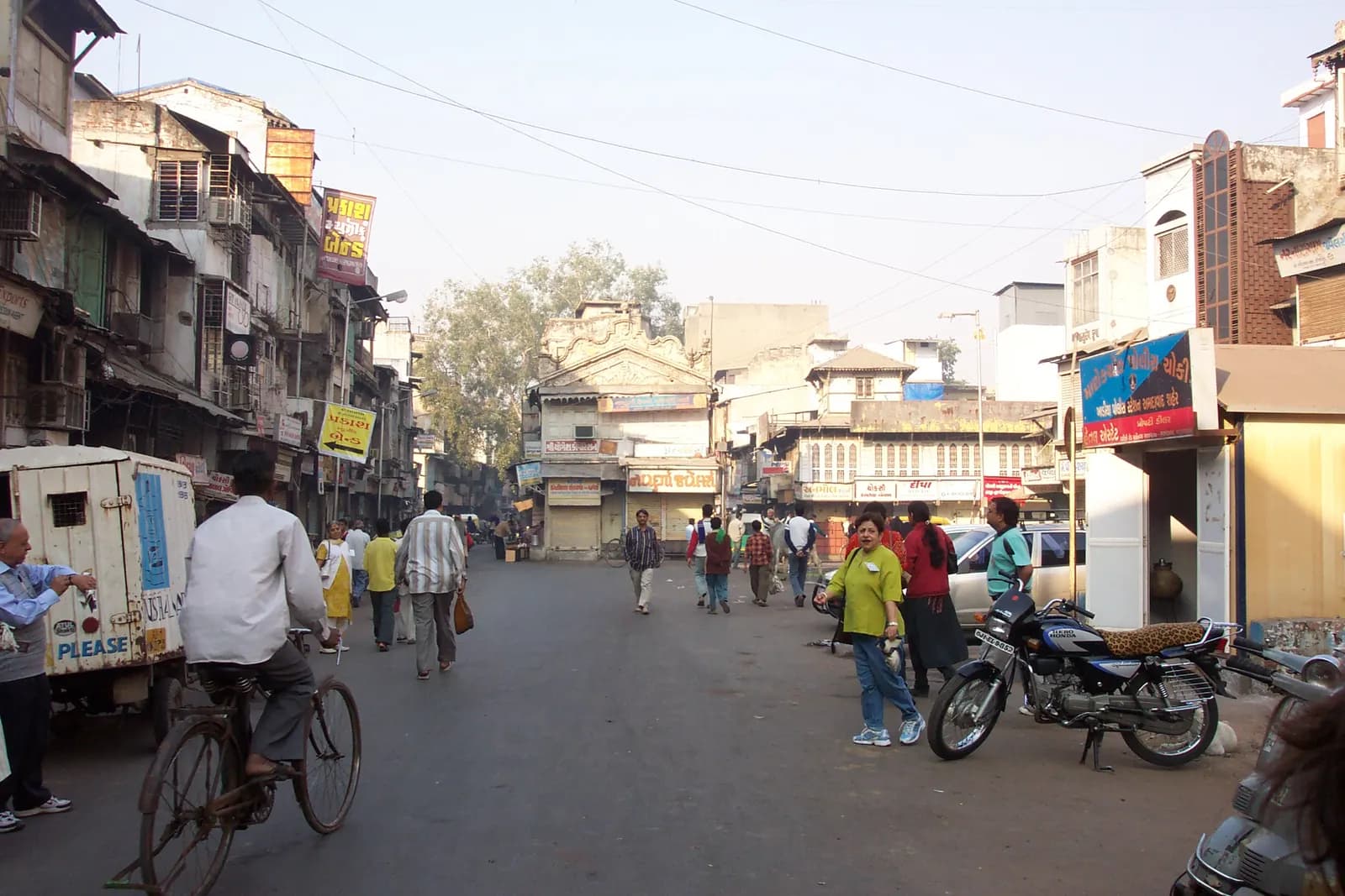 Shops and pedestrians at Manek Chowk, a trading area in Ahmedabad's old city