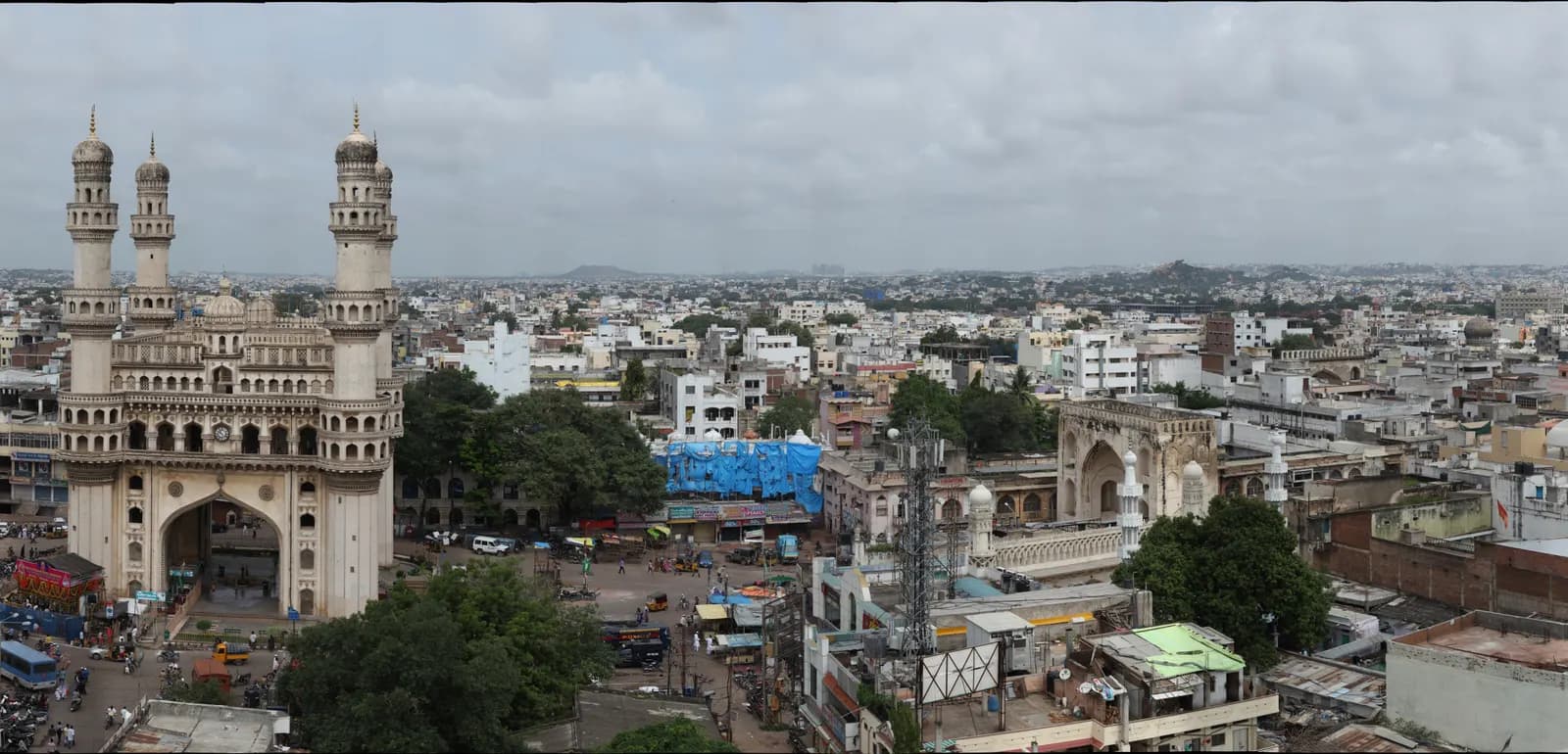 Aerial view of Hyderabad's old city with the Charminar and dense commercial buildings