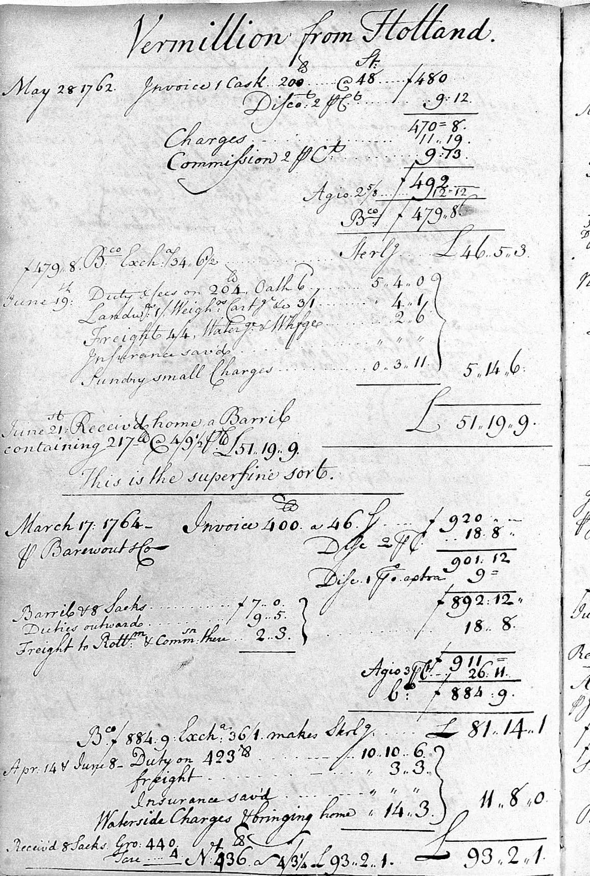 Handwritten 1760s merchant's invoice book page listing quantity, rate, discount, freight, duty and commission charges