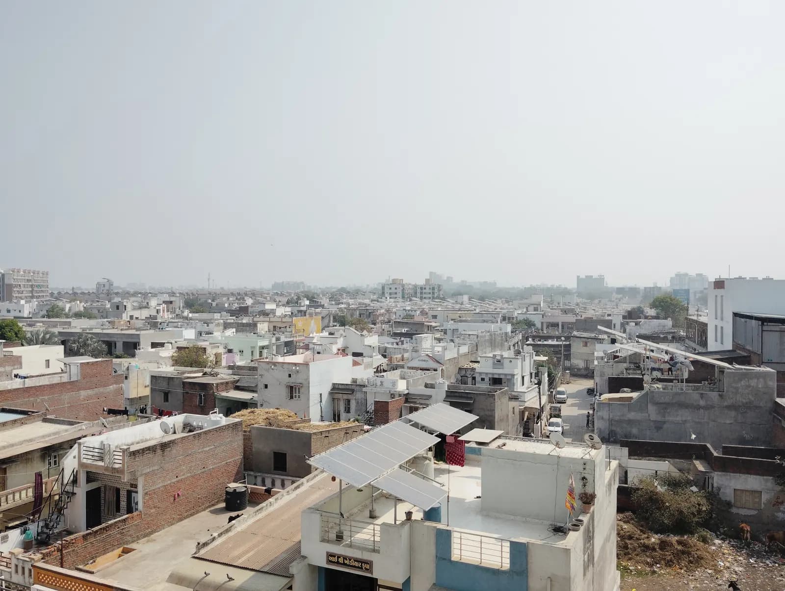 View over the flat roofs of a dense residential neighbourhood in Mehsana, Gujarat, with rooftop solar panels on several houses